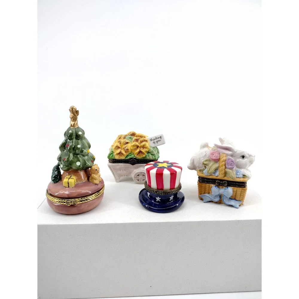 Vintage Porcelain Hinged Trinket Box Lot Christmas Bunny Patriotic Floral 4pc